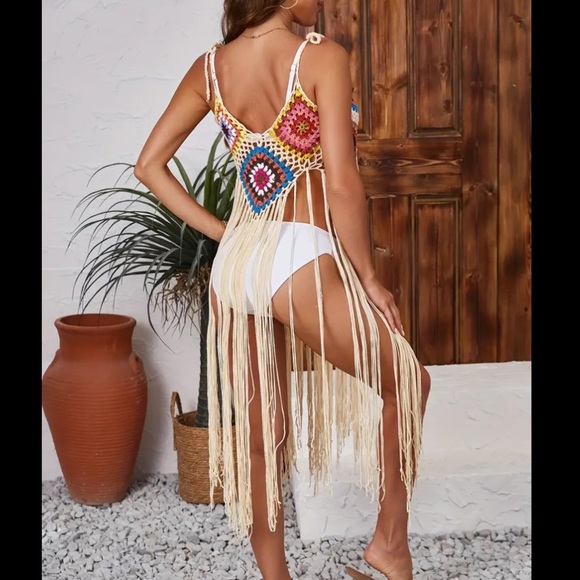 Beige Multi-Color Boho Tassel Beach Cover-Up Dress - Picture 4 of 8